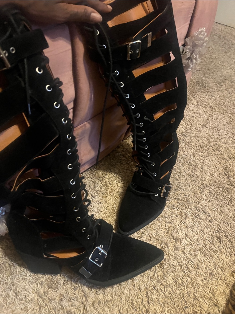 Forever 21 Black Lace-Up Cutout Knee-High Boots